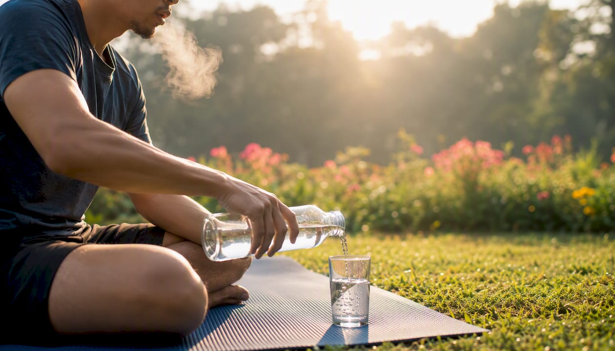 Athlete hydrating and doing breathwork