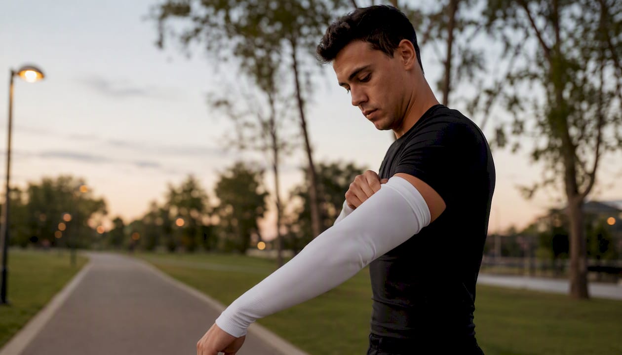 Runner wearing UPF arm sleeves warming up