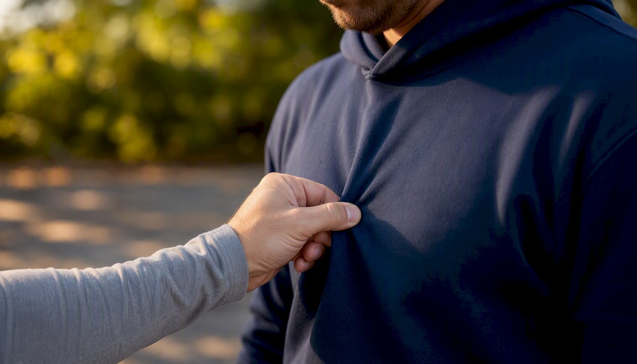Athlete pinching hoodie fabric at chest