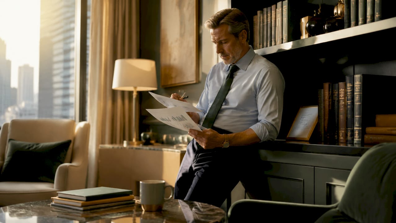 Financial consultant analyzing business reports
