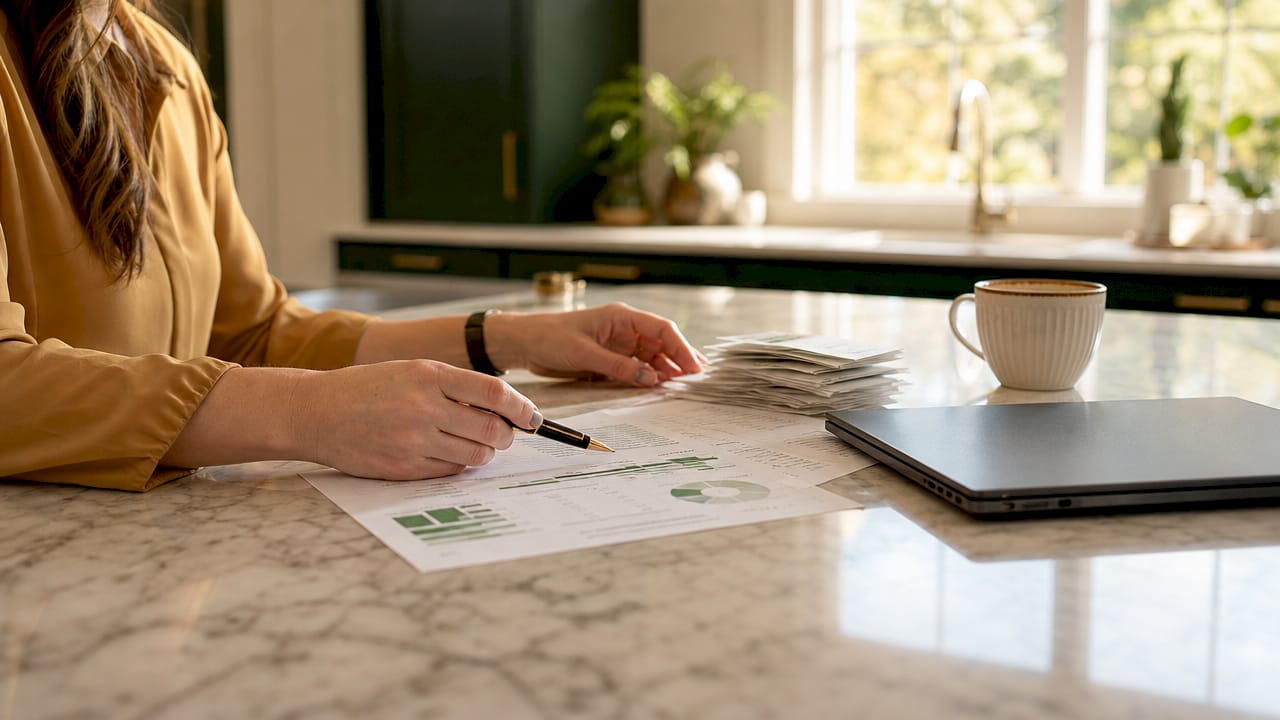 Hands using calculator with financial spreadsheets