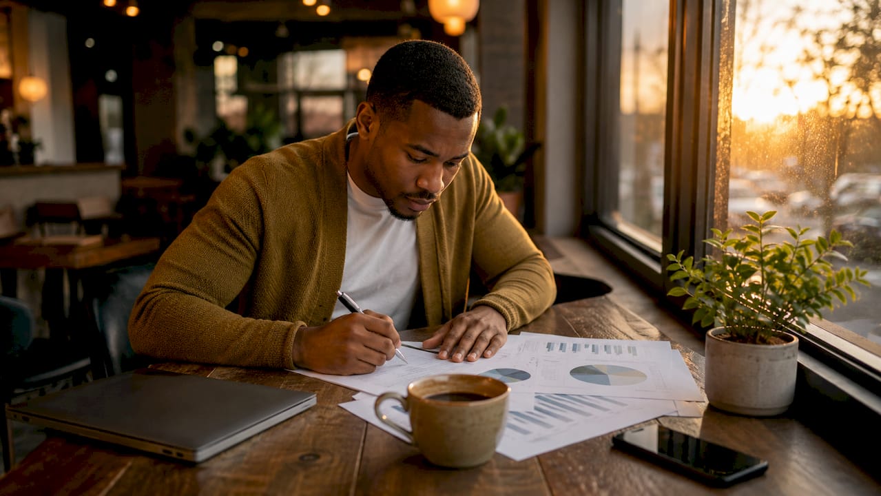 Business owner reviewing printed budget documents