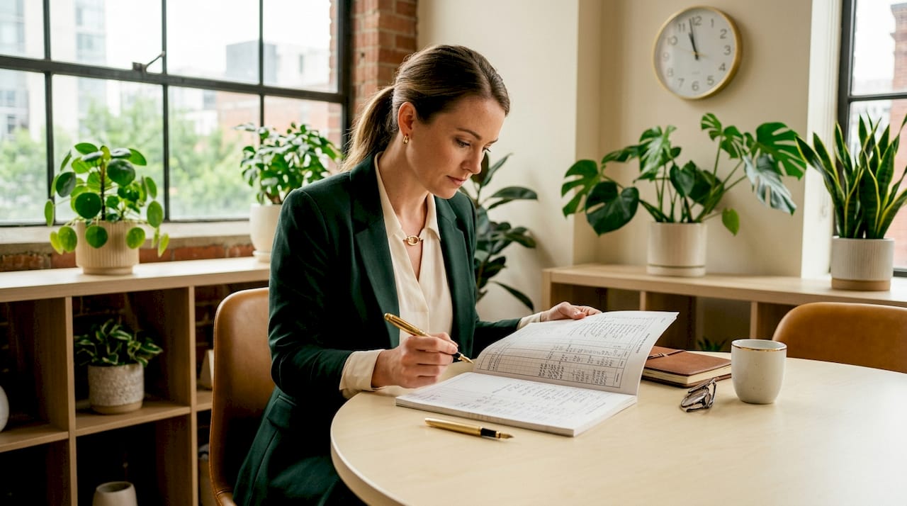 Accountant typing ledger data in office
