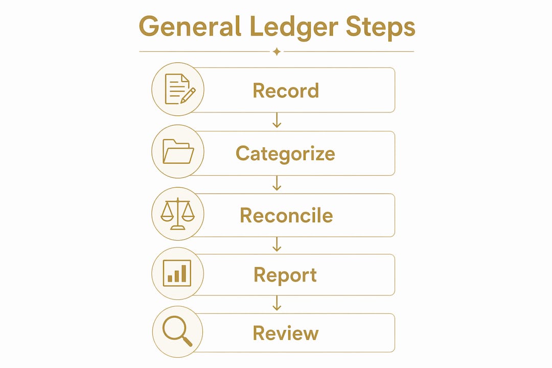 Infographic illustrating general ledger process steps