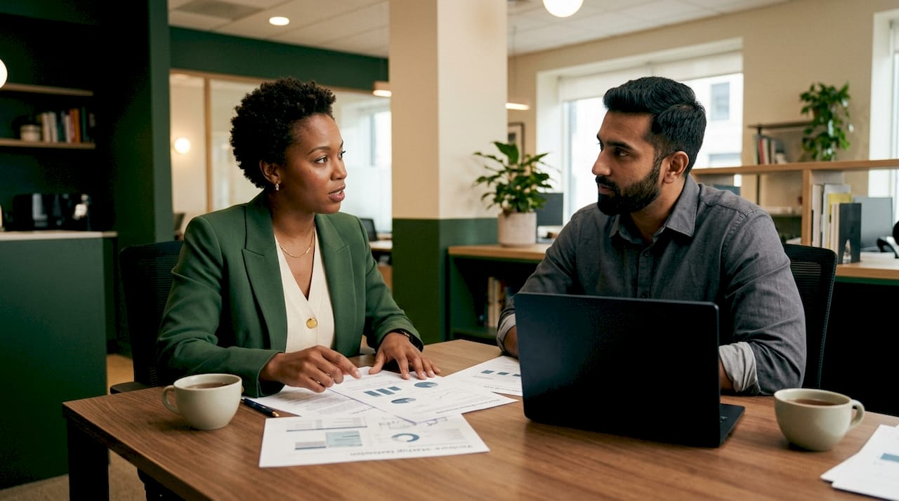 Two professionals discussing startup corporate taxes