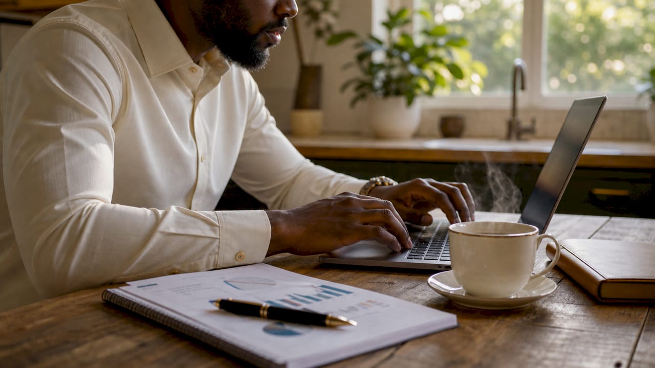 Man typing financial forecast at cafe table