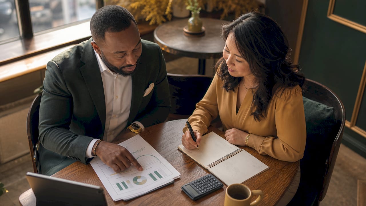 Business partners discussing financial goals at table