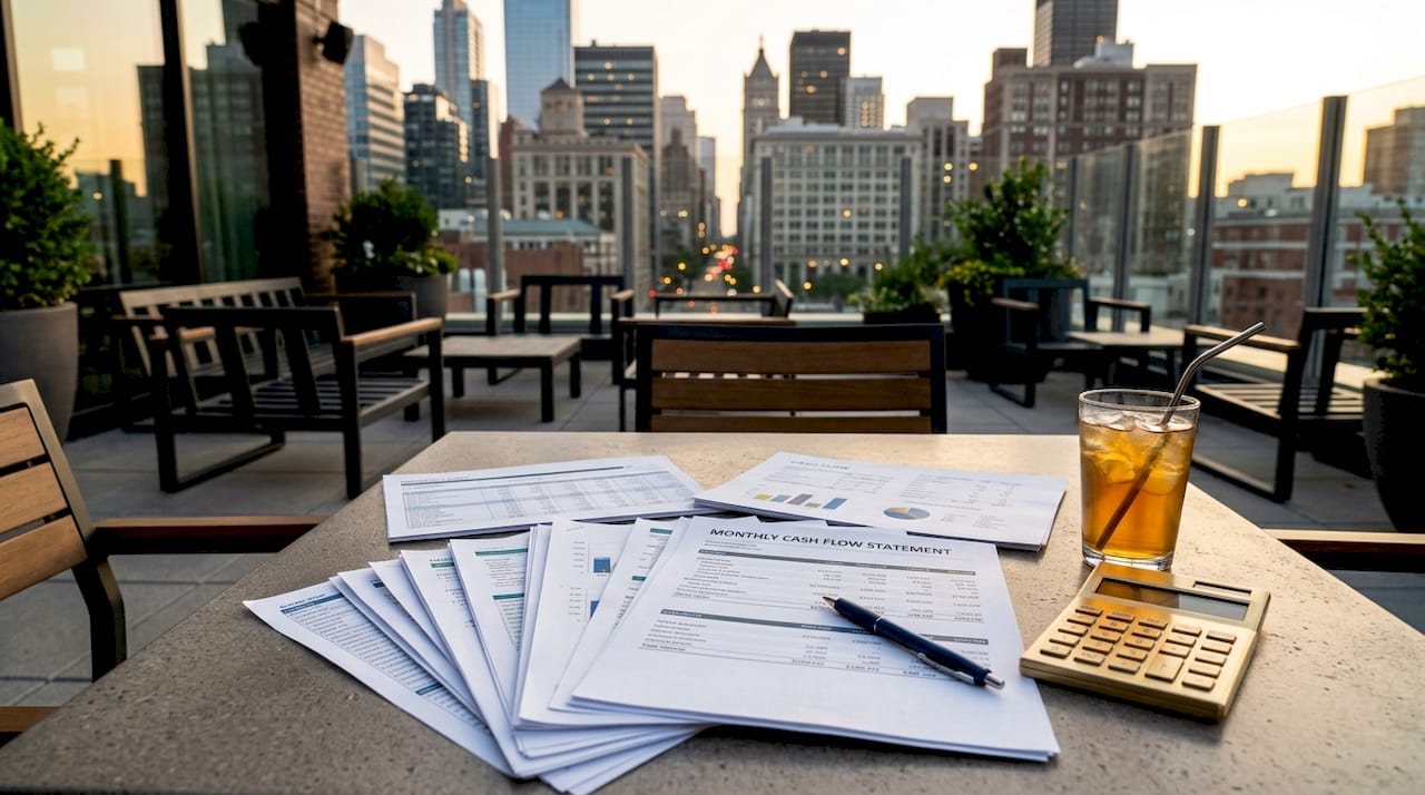 Overhead view of startup financial papers and calculator