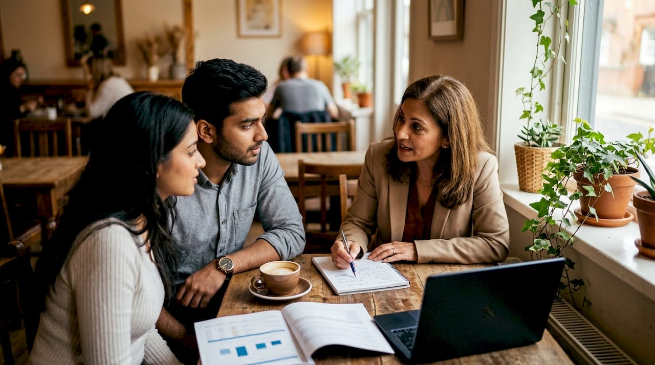 Entrepreneurs discussing financial planning with consultant
