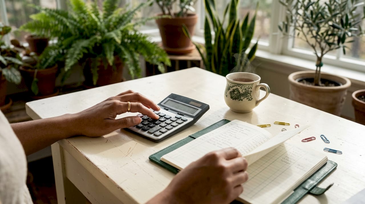 Hands calculating costs with ledger book