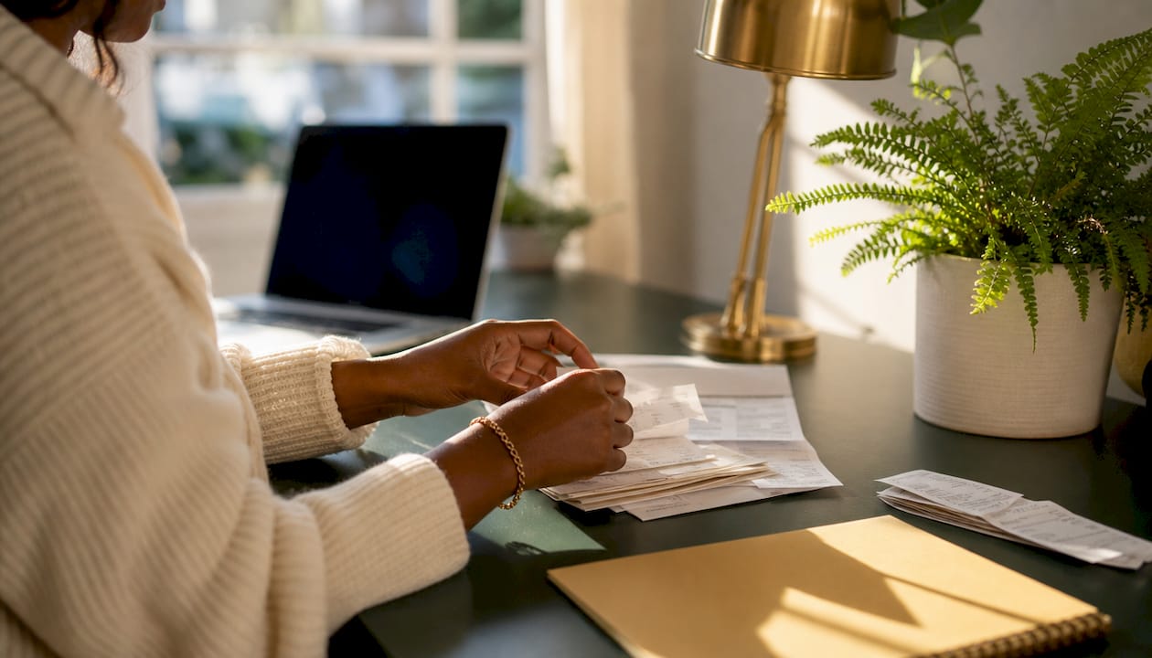Hands organizing financial transaction documents