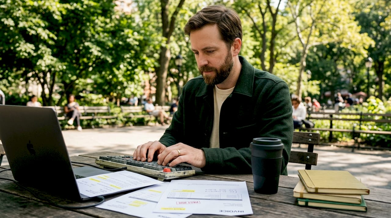 Hands typing near invoice and coffee in cafe