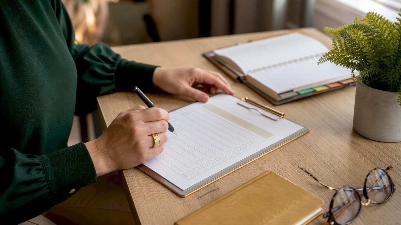 Hands filling out financial meeting checklist