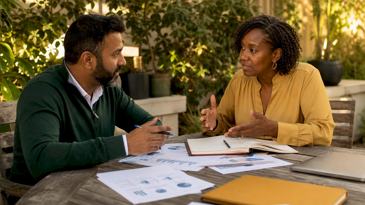Partners aligning business financial goals discussion