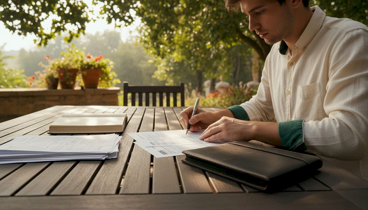 Close-up of hands completing IRS business form