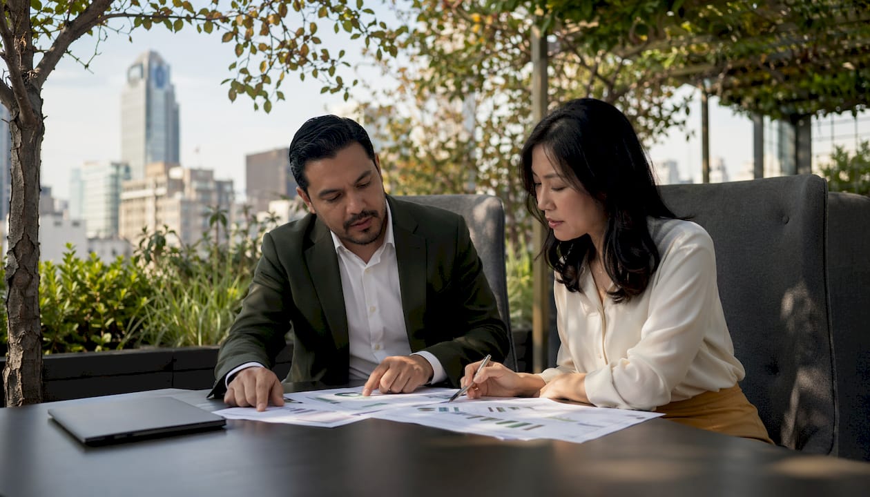 Business partners discussing financial goals