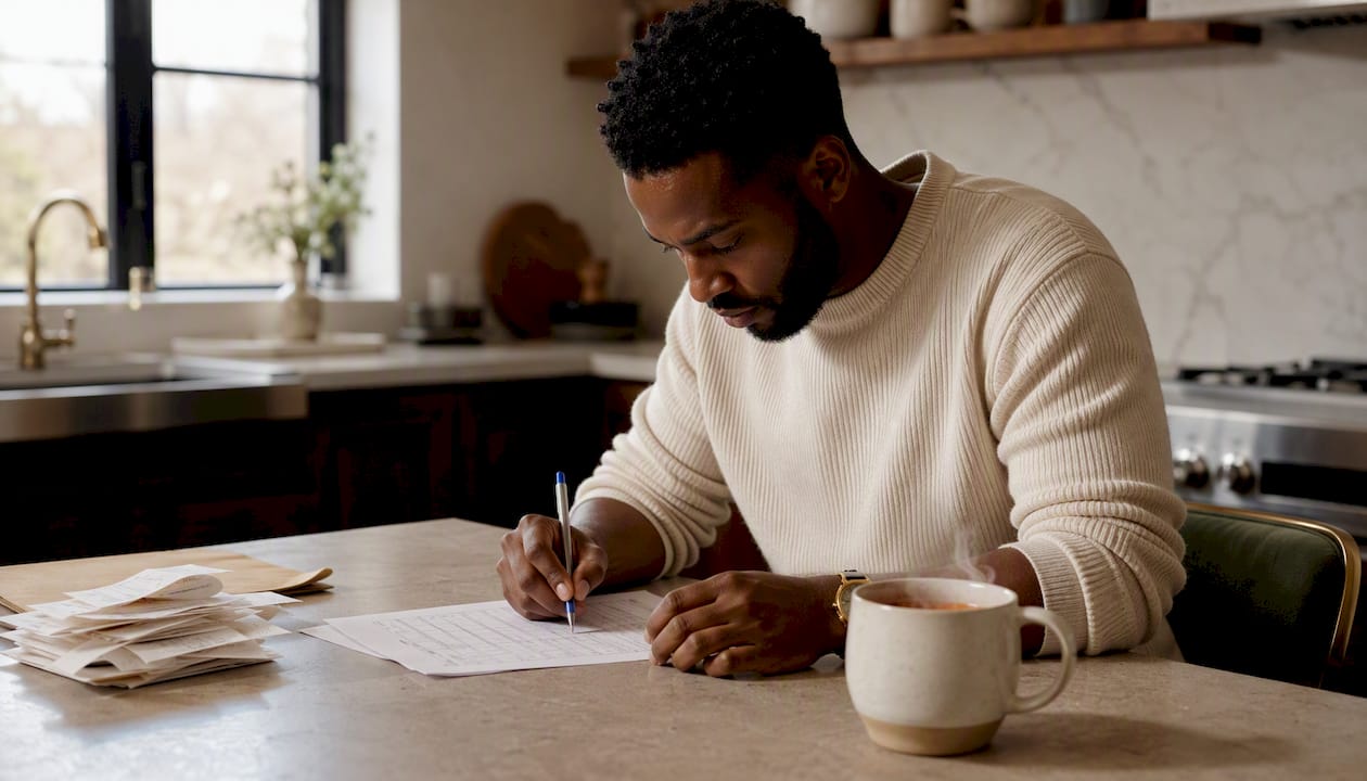 Man recording entries in general journal ledger