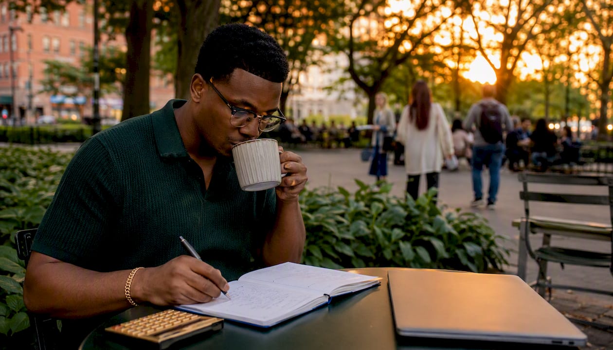 Freelancer doing weekly bookkeeping in café