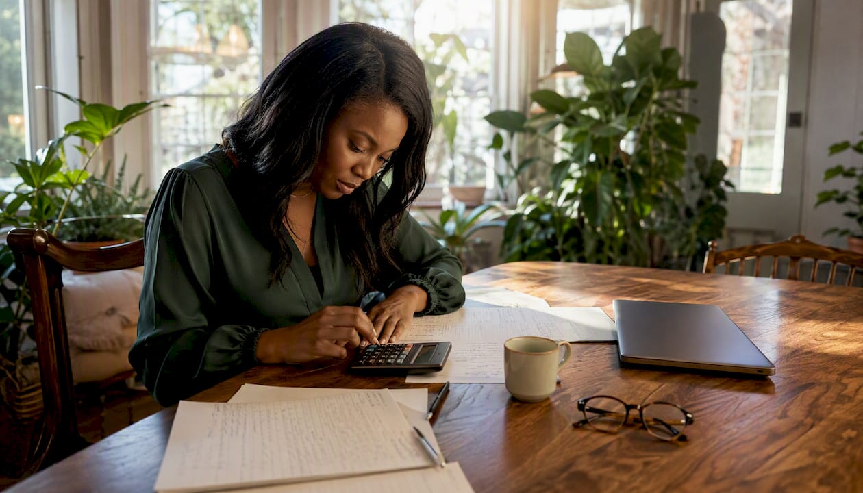 Small business owner calculating expenses at kitchen table