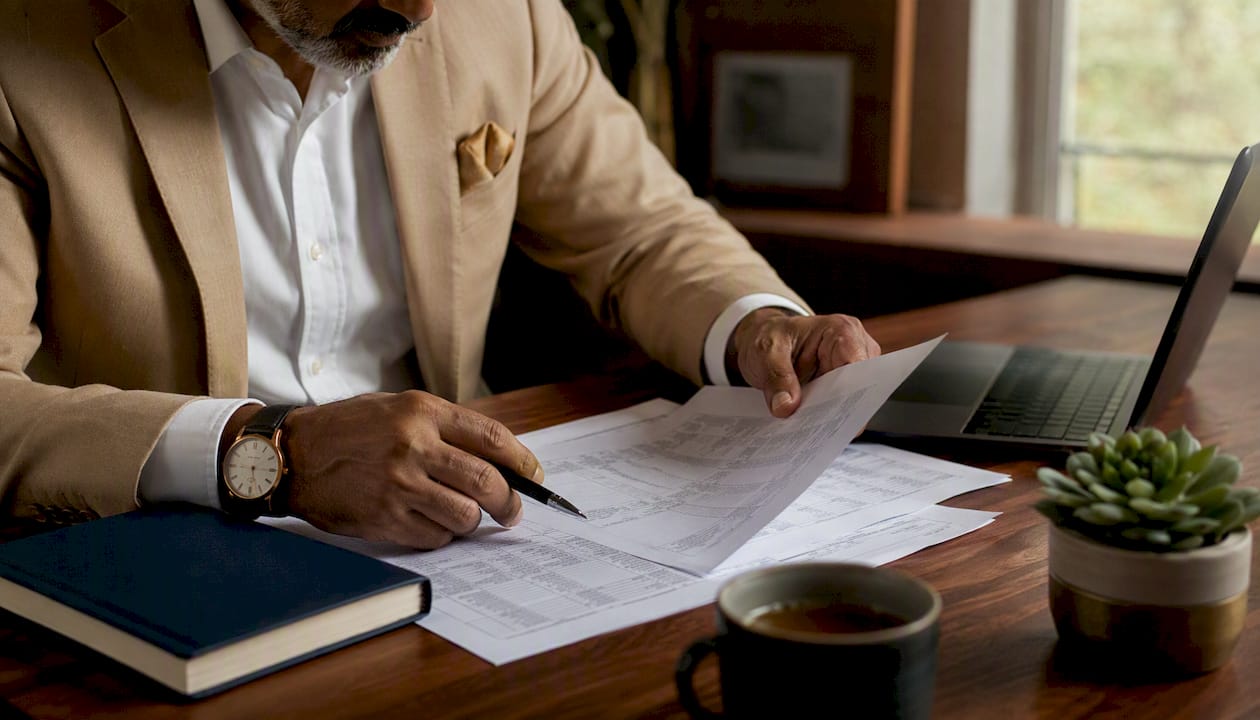Hands sorting balance sheet documents