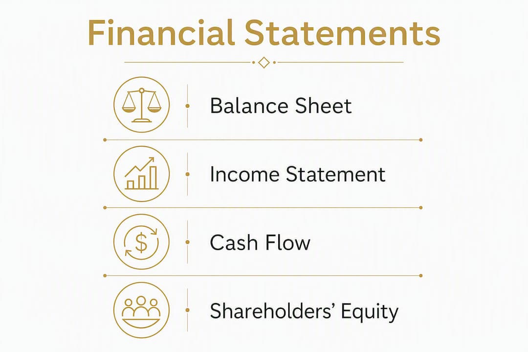 Infographic showing four core financial statements in flow layout