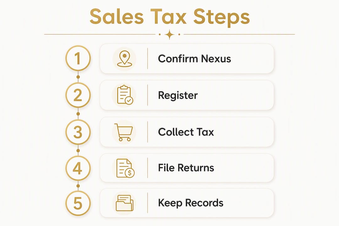 Infographic showing five steps of sales tax compliance