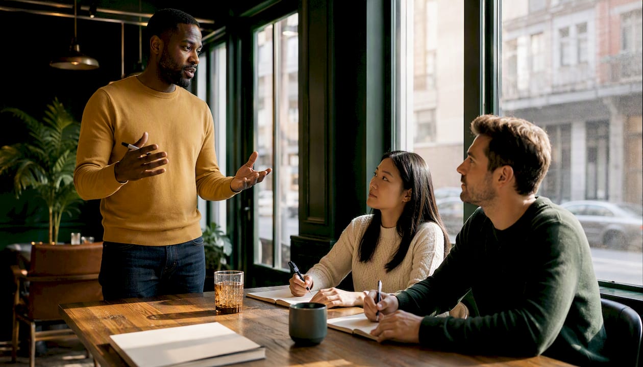 Accountant explaining financial decision criteria to team