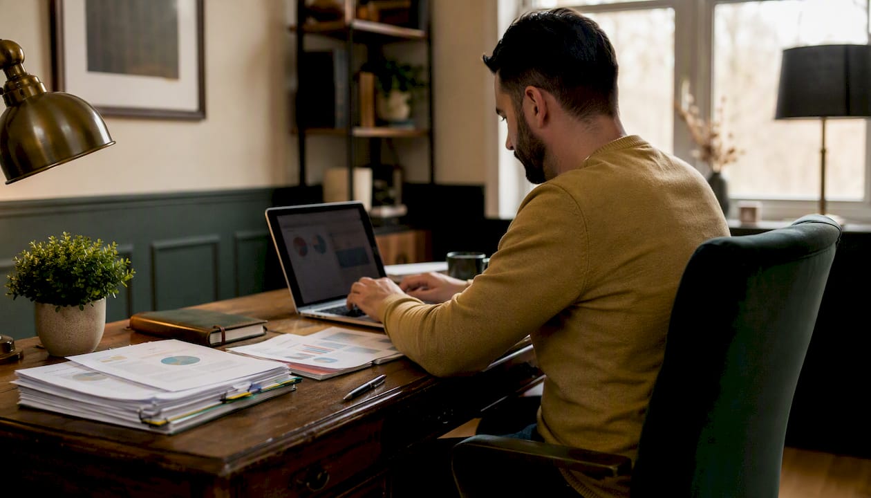 Accountant typing with profitability dashboard visible