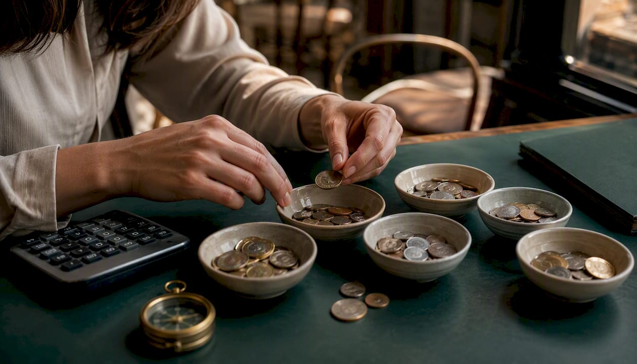 Hands sorting foreign currency coins on wooden table