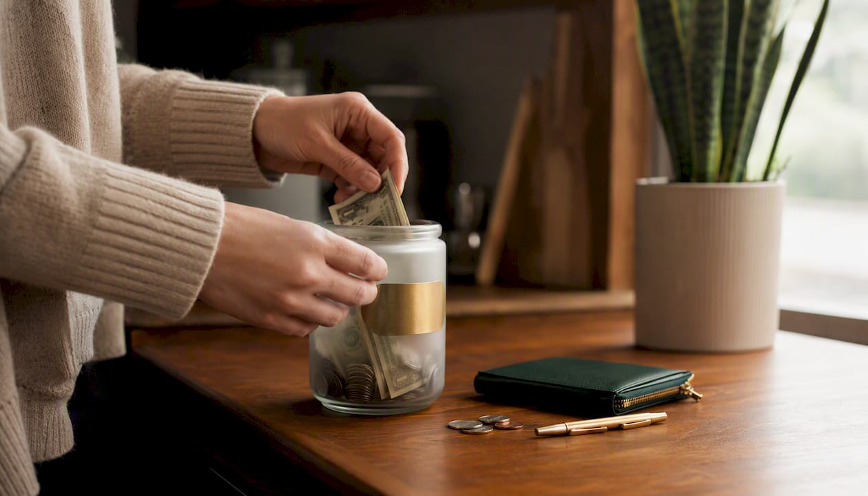 Hands placing cash into reserve jar on wooden table