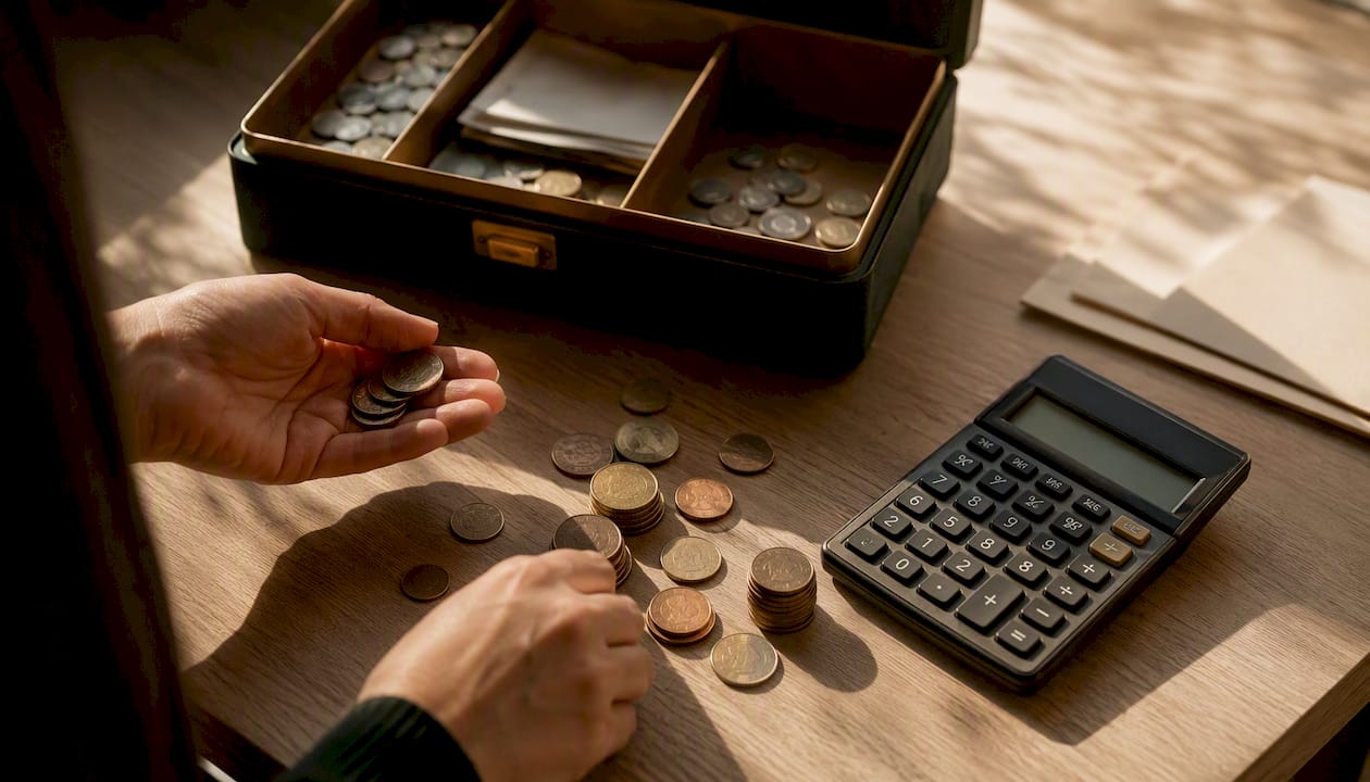 Hands counting petty cash coins with calculator