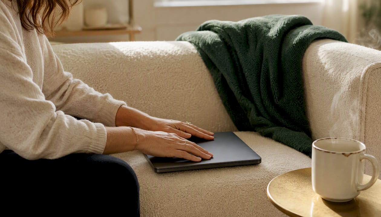 Hands poised over dark laptop keyboard