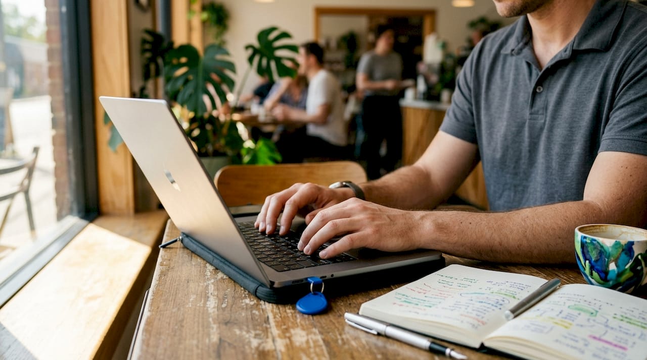 Close-up of hands typing next to notes and coffee ring