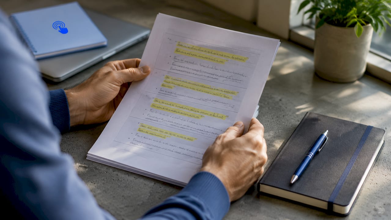 Hands holding coaching notes with highlighted client language