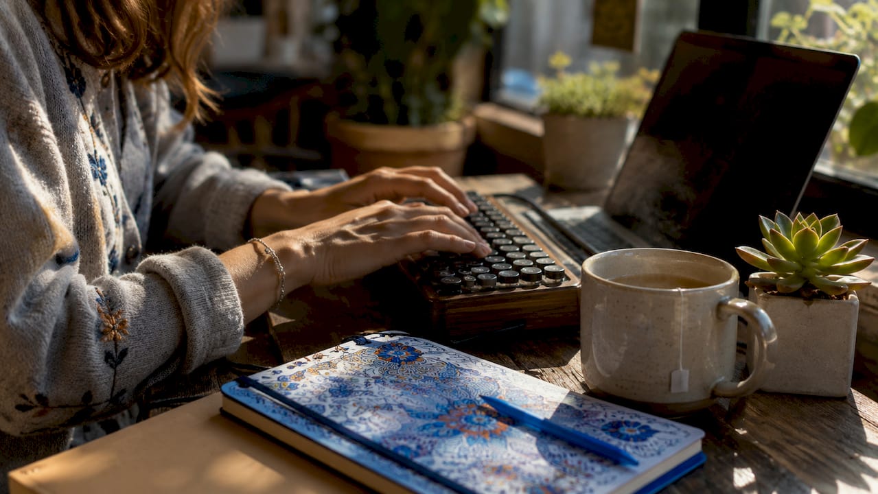 Hands typing on laptop in coworking space