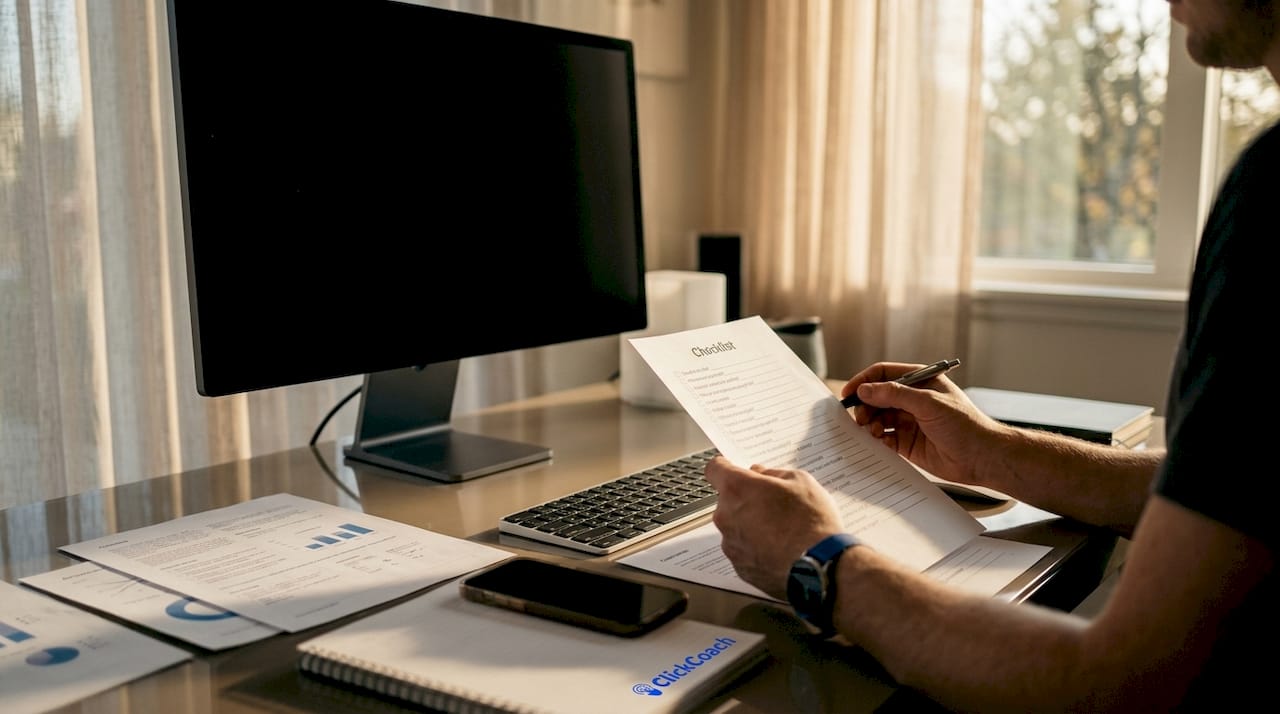 Coach's hands with client progress papers on desk