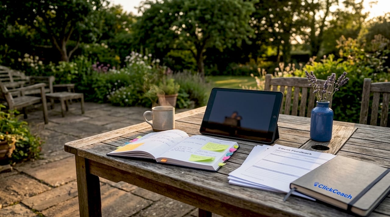 Coach's desk with planner and headset