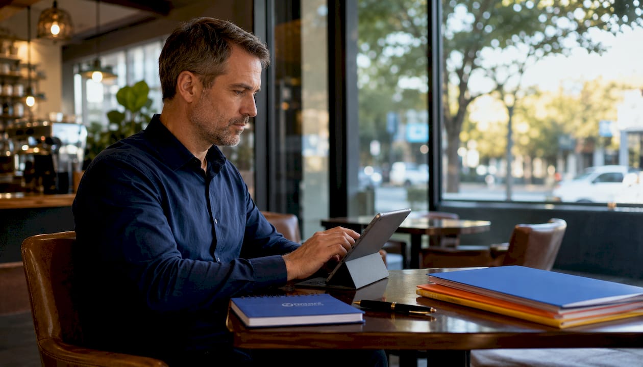 Coach preparing referral messages on smartphone at desk