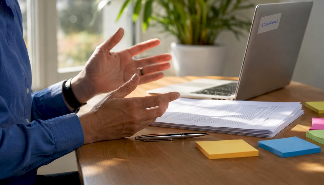 Hands exchanging coaching contract documents in meeting room