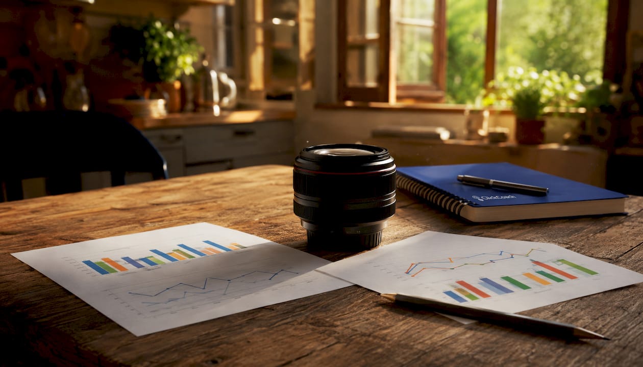 Close-up of charts and camera lens on table