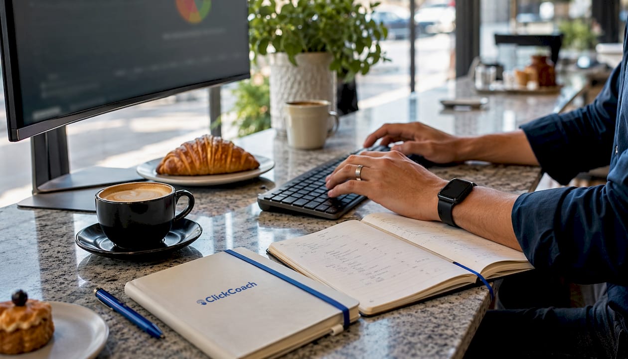 Hands adjusting keyboard at Power BI workspace