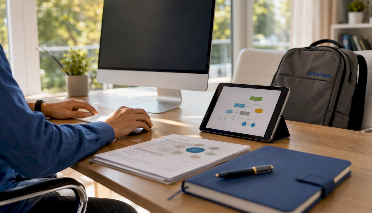 Hands setting up coaching software automation at office desk