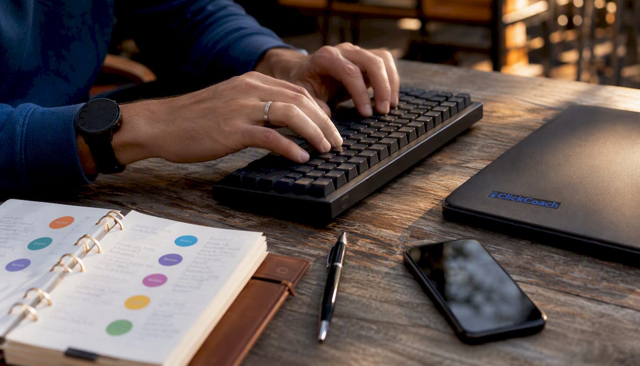 Hands typing near planner with milestones