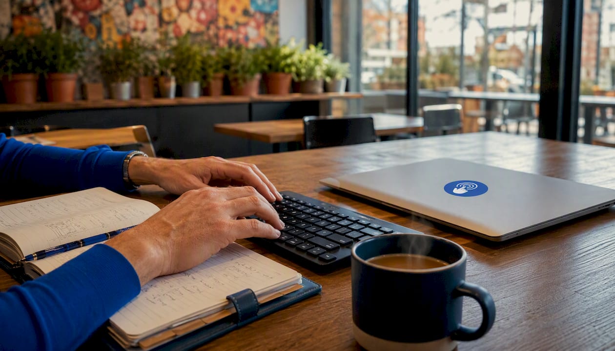 Hands typing on keyboard in home office