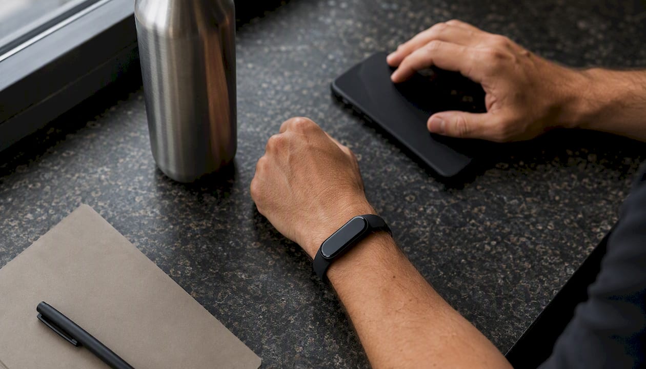 Fitness tracker syncing with smartphone flat lay