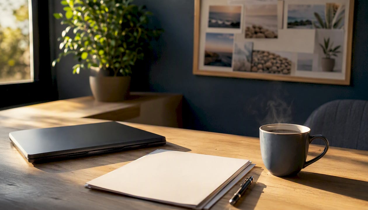 Coaching workspace with notes and tea cup