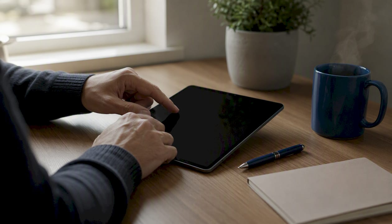 Coach hands near inactive tablet on desk