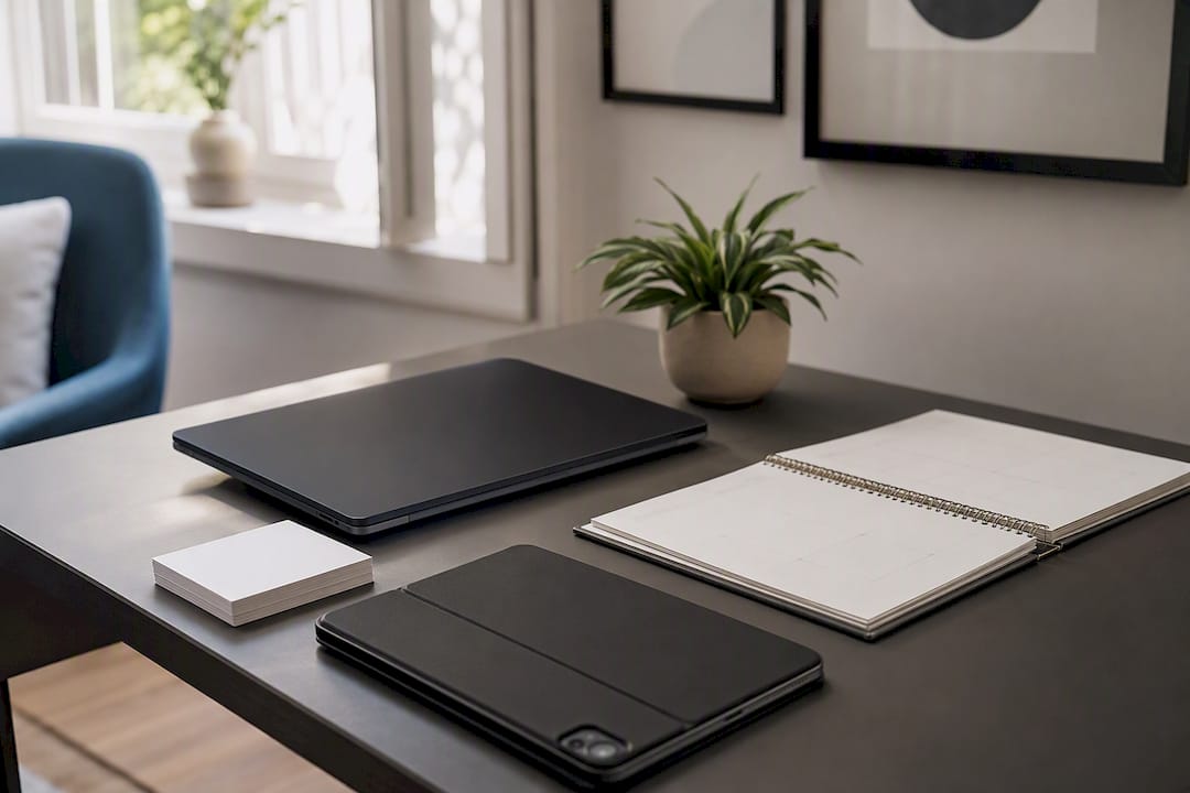 Workspace with coaching tracking tools on desk