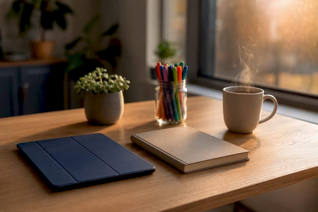 Coaching session tools and tablet on desk