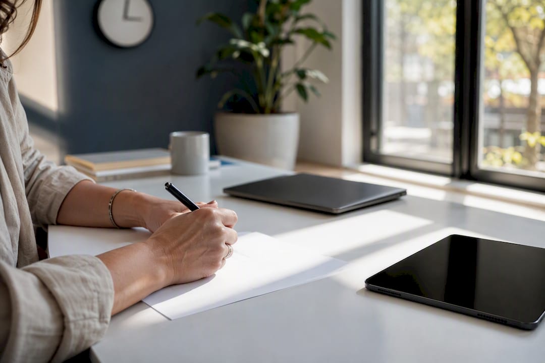 Hands quickly writing session notes at clean desk